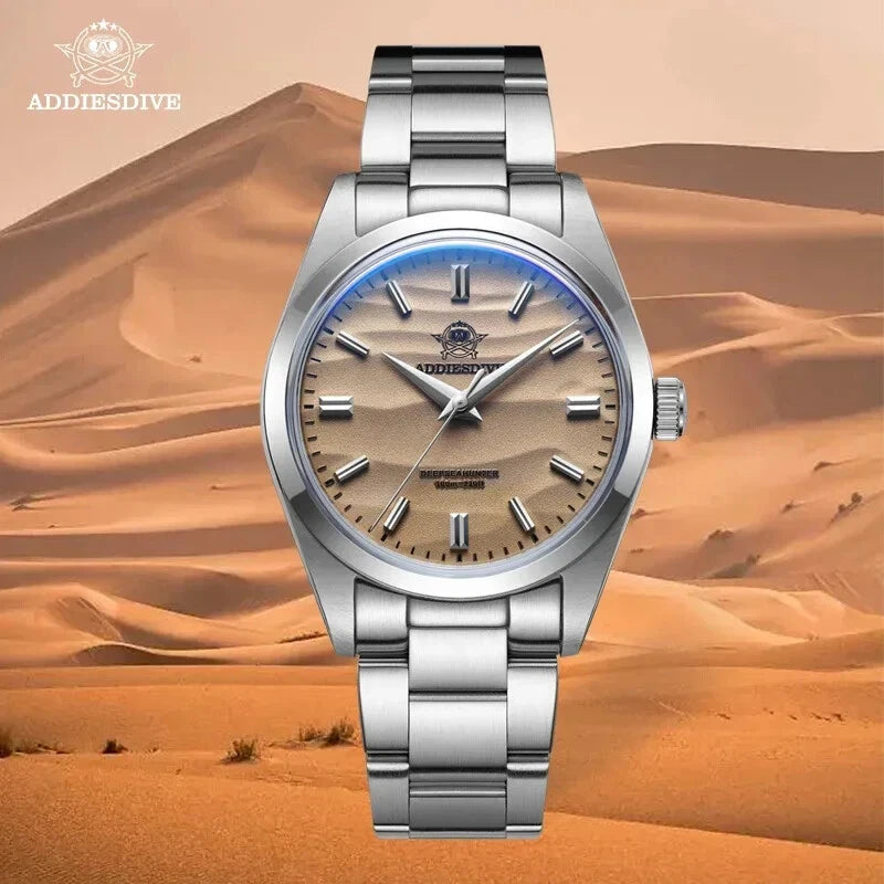 ADDIESDIVE AD2030 36MM Deepseahunter dive watch with white wave dial and steel bracelet, lifestyle shot on sand beach with rocks