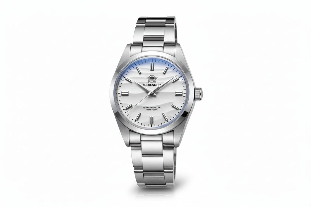 ADDIESDIVE AD2030 36MM Deepseahunter dive watch with white wave-textured dial, silver case and steel oyster bracelet, front