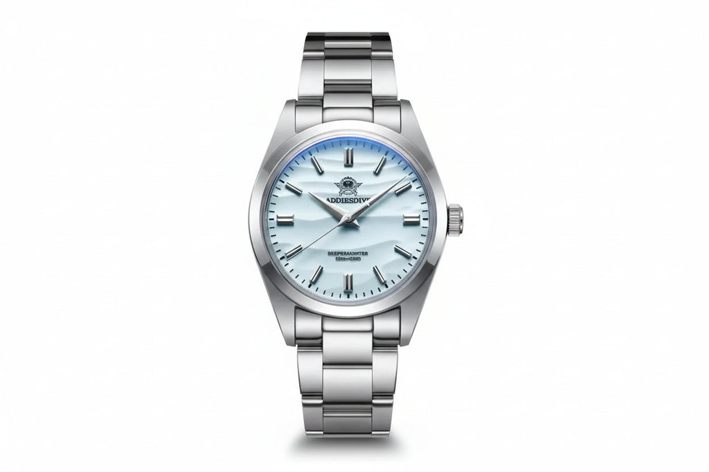 ADDIESDIVE AD2030 36MM Deepseahunter automatic with ice blue wave-textured dial, silver case and steel oyster bracelet