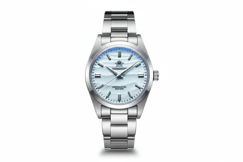 ADDIESDIVE AD2030 36MM Deepseahunter automatic with ice blue wave-textured dial, silver case and steel oyster bracelet, front view
