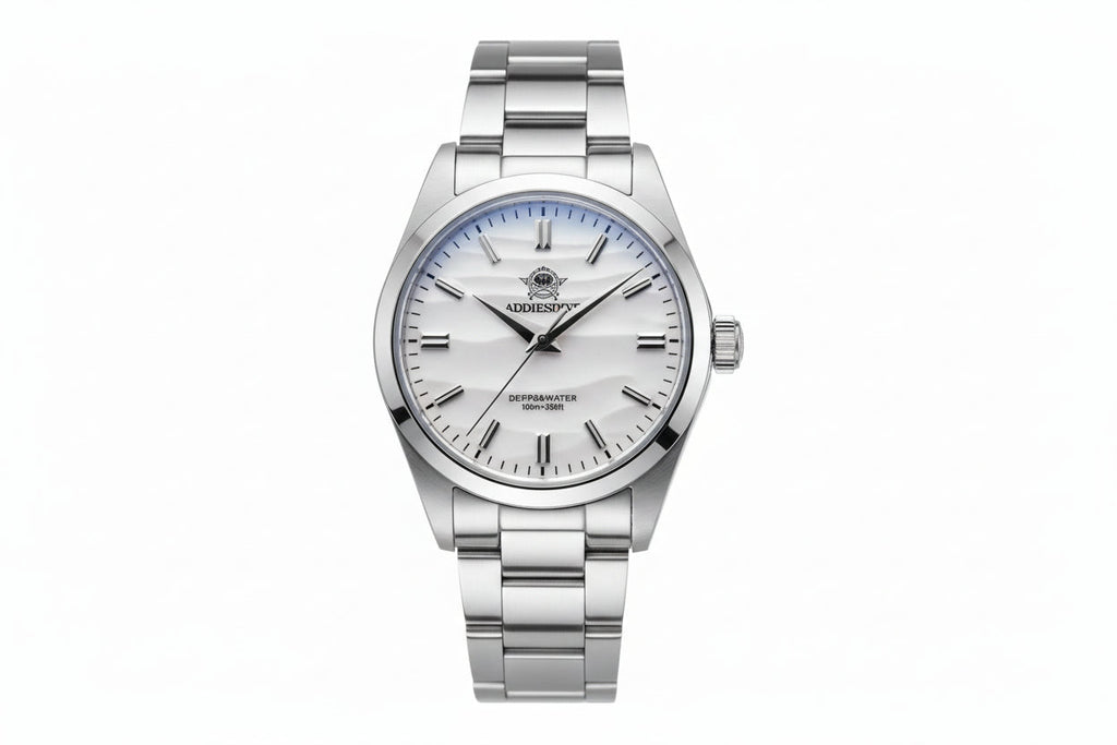 ADDIESDIVE AD2030 36MM Deepseahunter automatic with white wave-textured dial, silver case and steel oyster bracelet, front