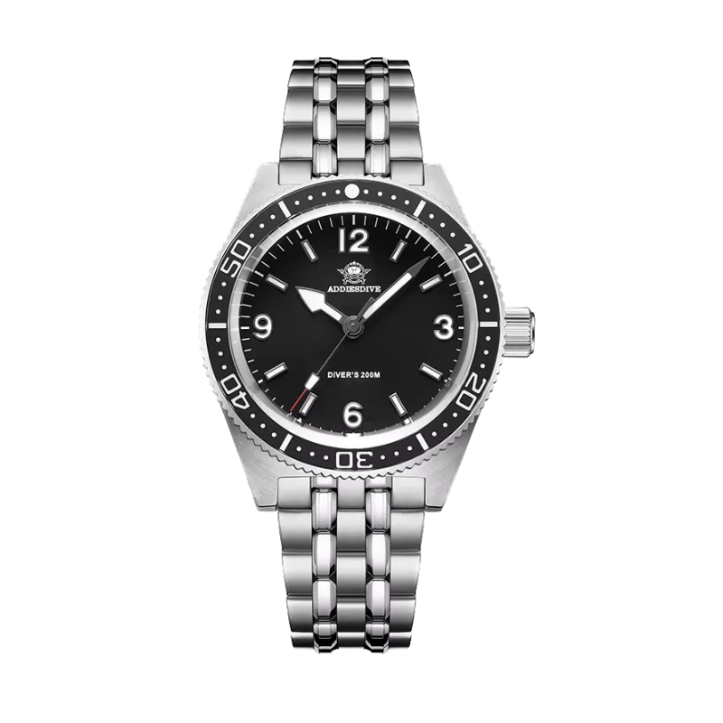 ADDIESDIVE AD2033 41MM Diver's 200M quartz with black dial, Arabic numerals, black bezel and steel bracelet, front view