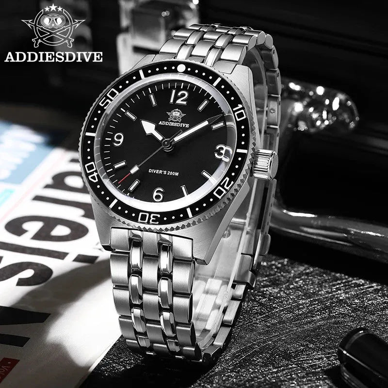 ADDIESDIVE AD2033 41MM Diver's 200M quartz with black dial and steel bracelet, lifestyle shot on newspaper