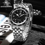ADDIESDIVE AD2033 41MM Diver's 200M quartz with black dial and steel bracelet, lifestyle shot on newspaper
