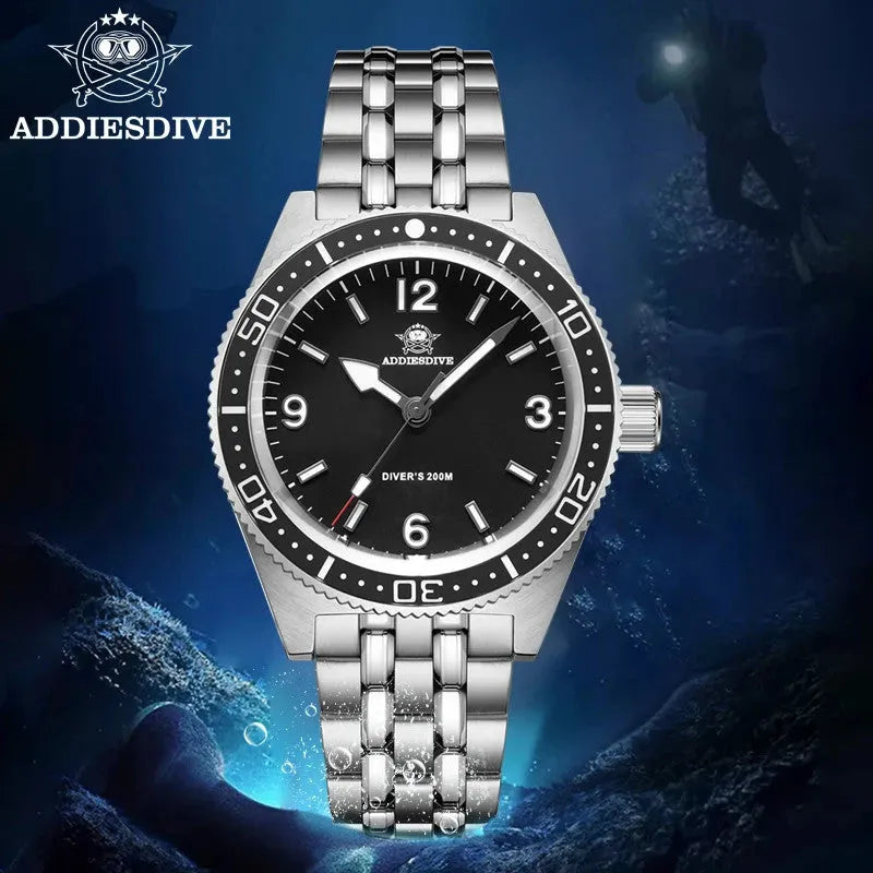 ADDIESDIVE AD2033 41MM Diver's 200M quartz with black dial and steel bracelet, lifestyle shot with underwater diver