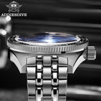ADDIESDIVE AD2033 41MM Diver's 200M quartz side profile detail showing convex crystal, coin-edge bezel and jubilee bracelet