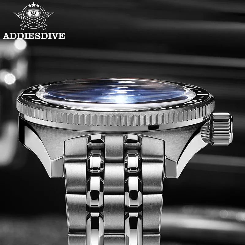 ADDIESDIVE AD2033 41MM Diver's 200M quartz side profile detail showing convex crystal, coin-edge bezel and jubilee bracelet