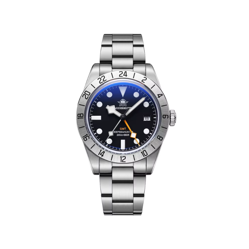 ADDIESDIVE AD2035 39MM Deepseahunter GMT quartz with black dial, silver 24-hour bezel, orange GMT hand and steel oyster