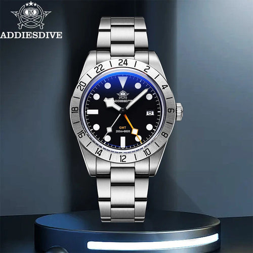 ADDIESDIVE AD2035 39MM Deepseahunter GMT quartz with black dial and steel bracelet, lifestyle shot on blue pedestal