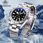 ADDIESDIVE AD2035 39MM Deepseahunter GMT quartz with black dial and steel bracelet, lifestyle shot with water splash