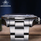 ADDIESDIVE AD2035 39MM Deepseahunter GMT quartz side profile showing silver GMT bezel, polished case and steel bracelet