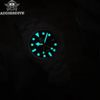 ADDIESDIVE AD2035 39MM Deepseahunter GMT quartz showing bright cyan luminous hands and markers in dark
