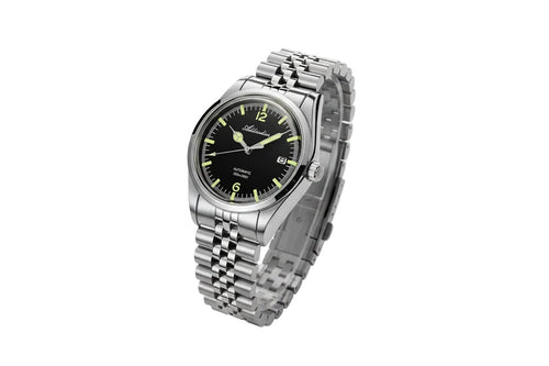 ADDIESDIVE AD2038 vintage retro automatic with black dial and jubilee steel bracelet, angled view