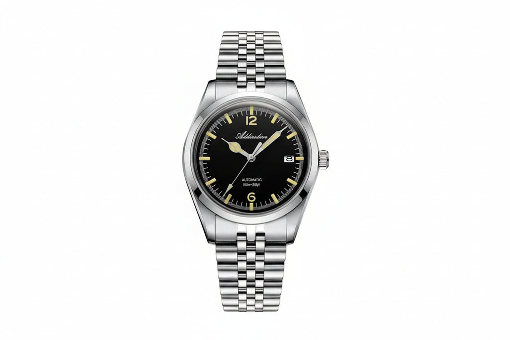 ADDIESDIVE AD2038 vintage retro automatic with black dial, cream lume indices, silver case and jubilee steel bracelet, front