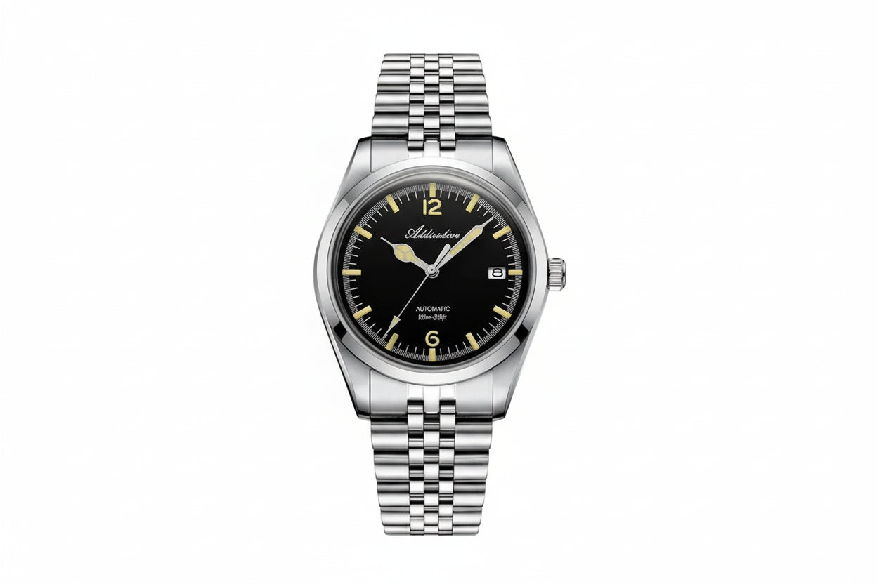 ADDIESDIVE AD2038 vintage retro automatic with black dial, cream lume indices, silver case and jubilee steel bracelet, front