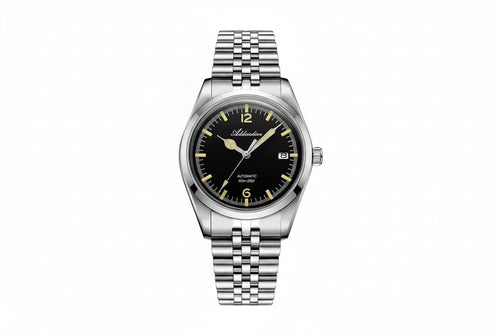 ADDIESDIVE AD2038 vintage retro automatic with black dial, cream lume indices, silver case and jubilee steel bracelet, front view