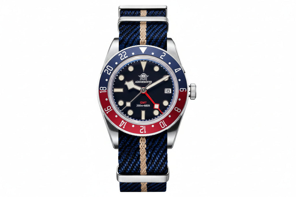 ADDIESDIVE AD2044 GMT with black dial, Pepsi bezel and blue-tan NATO strap, front view
