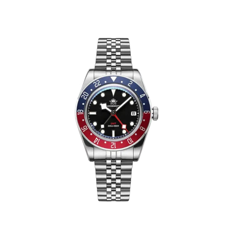 ADDIESDIVE AD2044 GMT with black dial, Pepsi bezel and jubilee steel bracelet, front view