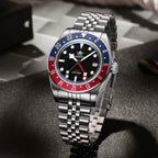 ADDIESDIVE AD2044 GMT diver with black dial, red GMT hand, blue-red Pepsi bezel and jubilee steel bracelet, lifestyle shot