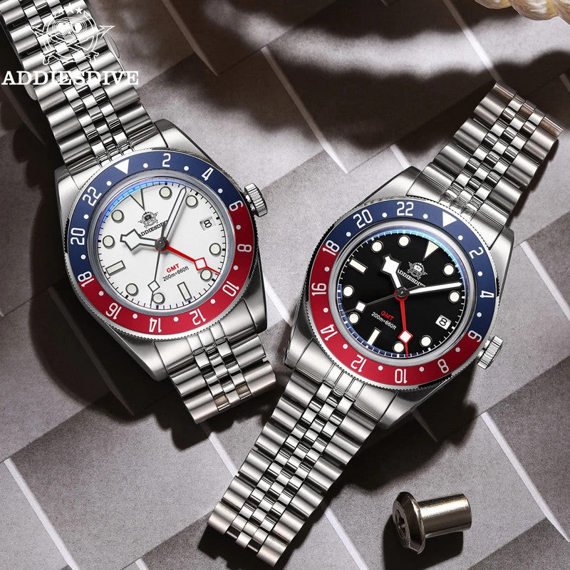 ADDIESDIVE AD2044 GMT diver showing white dial and black dial variants with blue-red Pepsi bezel and jubilee steel bracelets