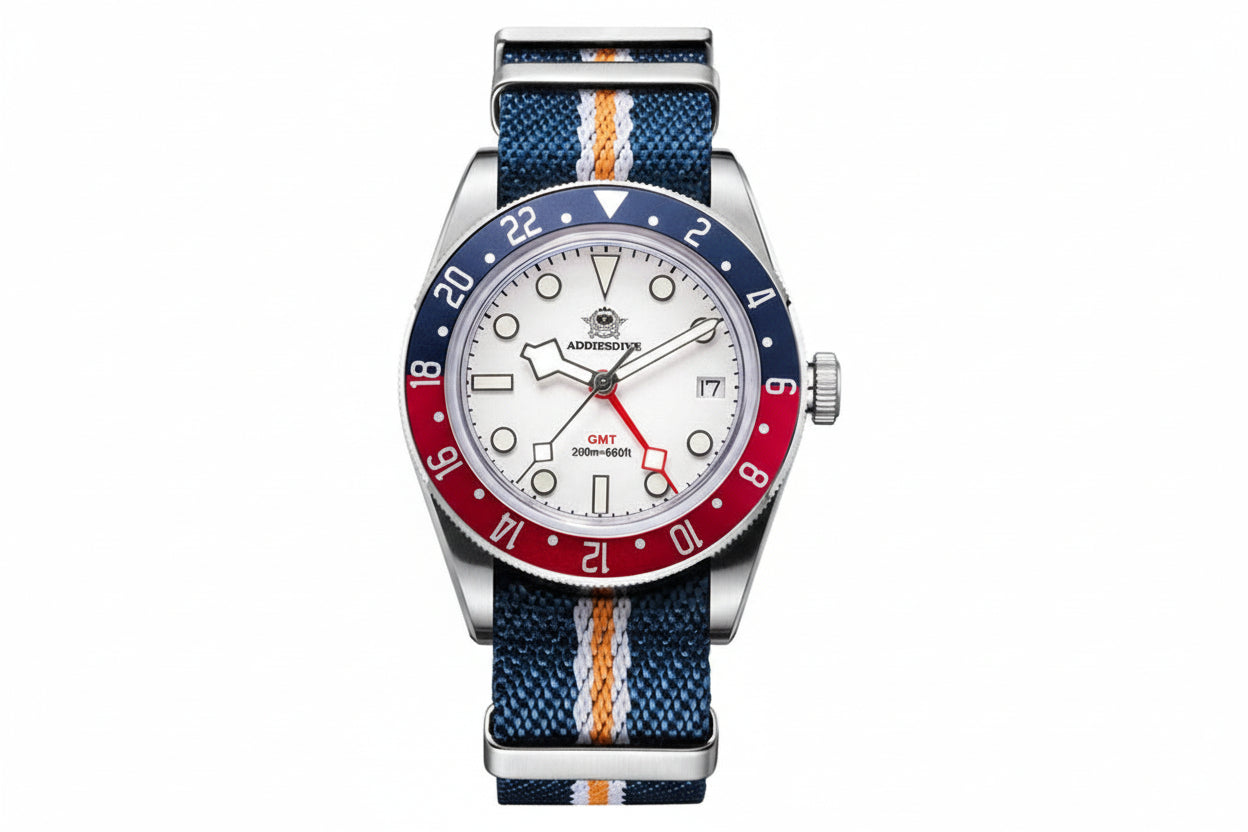 ADDIESDIVE AD2044 GMT with white dial, Pepsi bezel and blue-orange NATO strap, alternate front view