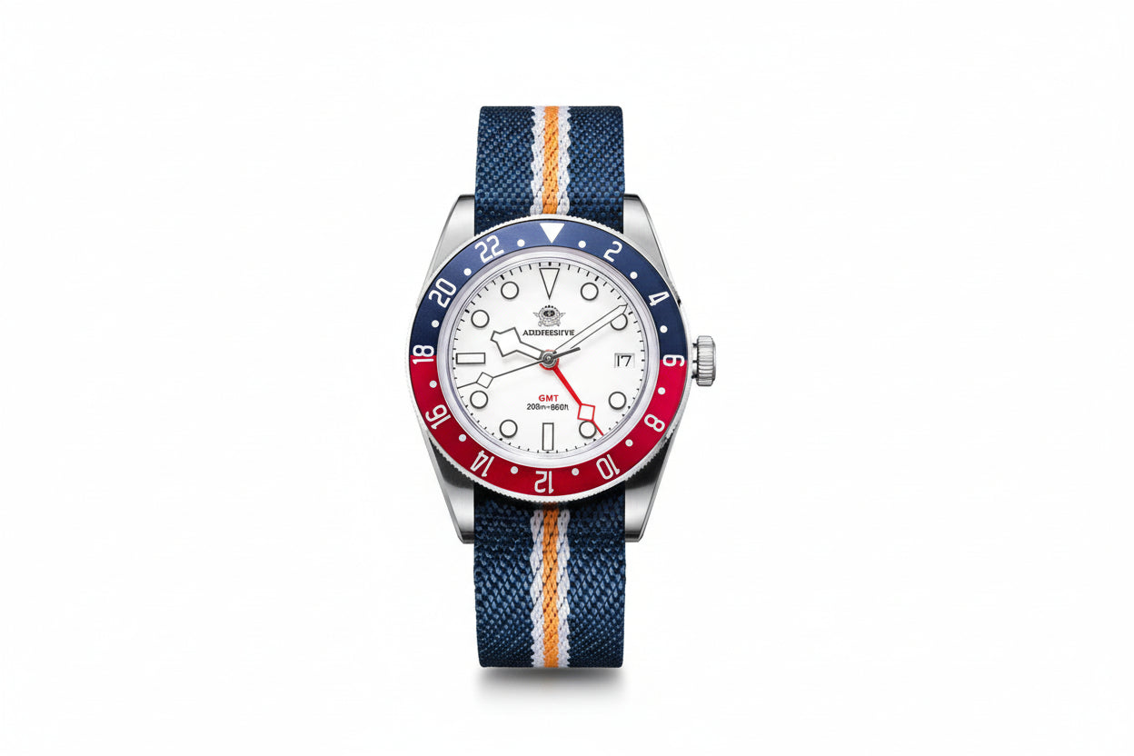 ADDIESDIVE AD2044 GMT with white dial, red GMT hand, Pepsi bezel and blue-orange-white NATO strap, front view