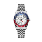 ADDIESDIVE AD2044 GMT diver with white dial, red GMT hand, blue-red Pepsi bezel and jubilee steel bracelet, front view