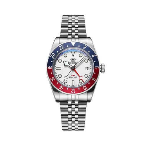 ADDIESDIVE AD2044 GMT diver with white dial, red GMT hand, blue-red Pepsi bezel and jubilee steel bracelet, front view