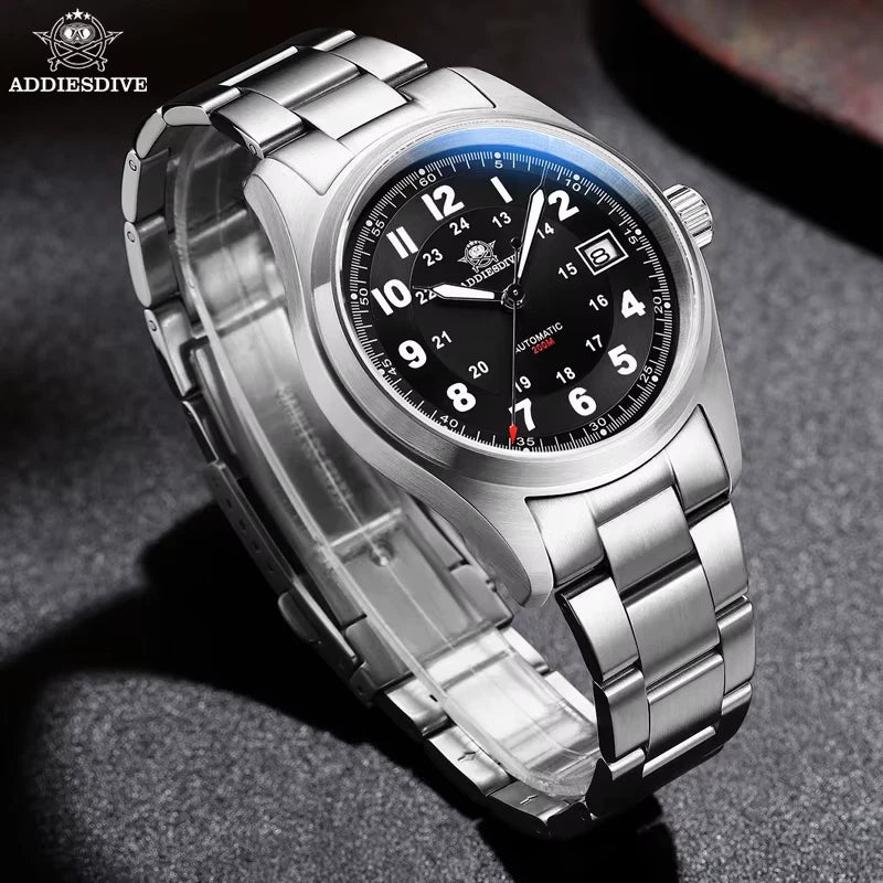 ADDIESDIVE AD2048 NH35 automatic field watch with black dial and steel bracelet, angled lifestyle shot