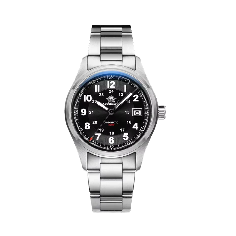 ADDIESDIVE AD2048 NH35 automatic field watch with black dial, Arabic numerals, date and steel bracelet, front view