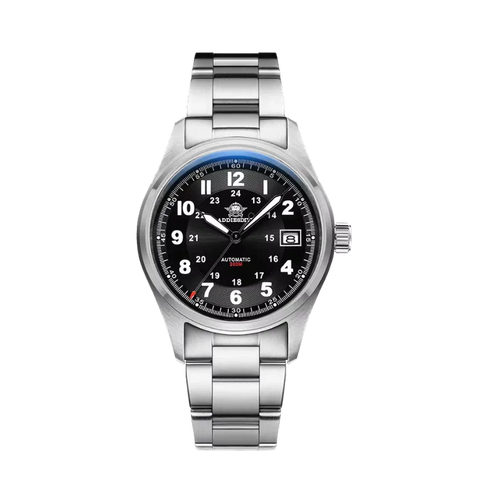 ADDIESDIVE AD2048 NH35 automatic field watch with black dial, Arabic numerals, date and steel bracelet, front view