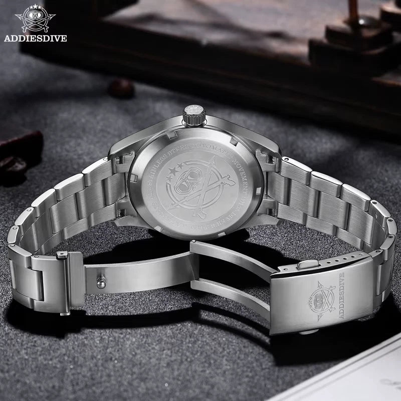 ADDIESDIVE AD2048 NH35 automatic field watch caseback and steel bracelet showing engraved ADDIESDIVE folding clasp