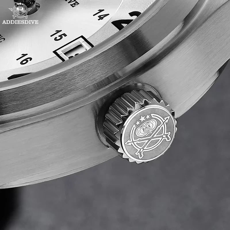 ADDIESDIVE AD2048 NH35 automatic field watch close-up detail of engraved signed crown