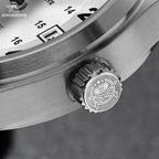 ADDIESDIVE AD2048 NH35 automatic field watch close-up detail of engraved signed crown