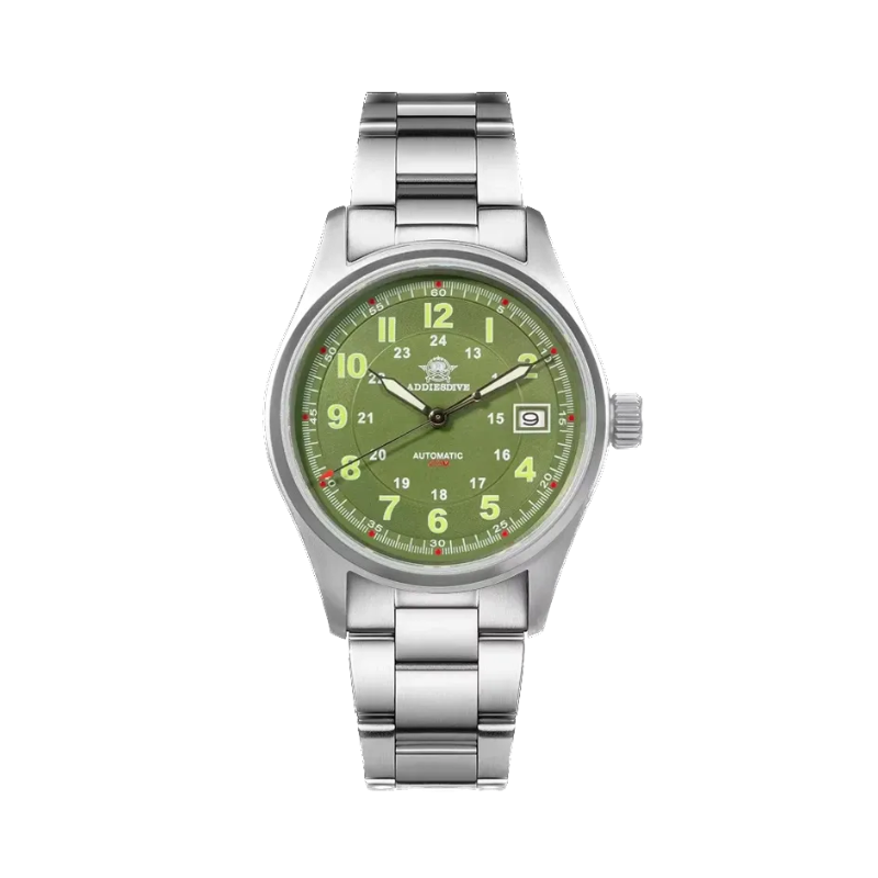 ADDIESDIVE AD2048 NH35 automatic field watch with green dial, Arabic numerals, date and steel bracelet, front view