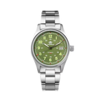 ADDIESDIVE AD2048 NH35 automatic field watch with green dial, Arabic numerals, date and steel bracelet, front view