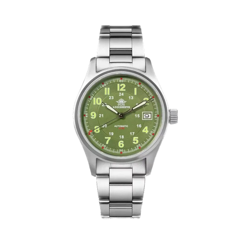 ADDIESDIVE AD2048 NH35 automatic field watch with green dial, Arabic numerals, date and steel bracelet, front view