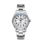 ADDIESDIVE AD2048 NH35 automatic field watch with white dial, Arabic numerals, date and steel bracelet, front view