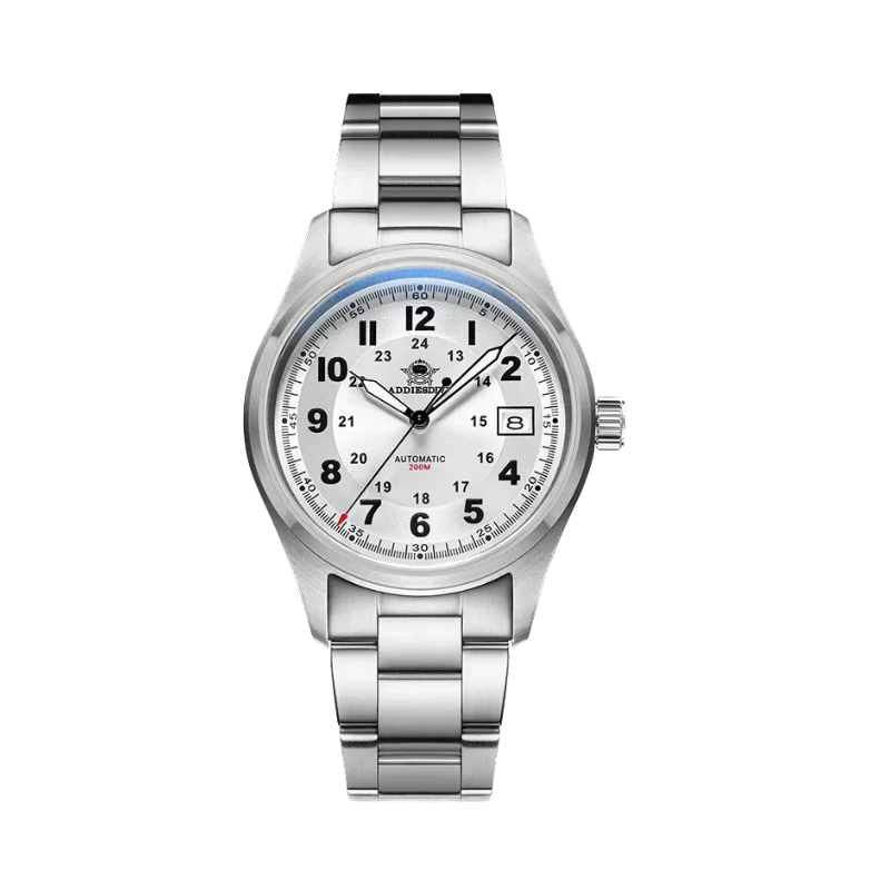 ADDIESDIVE AD2048 NH35 automatic field watch with white dial, Arabic numerals, date and steel bracelet, front view