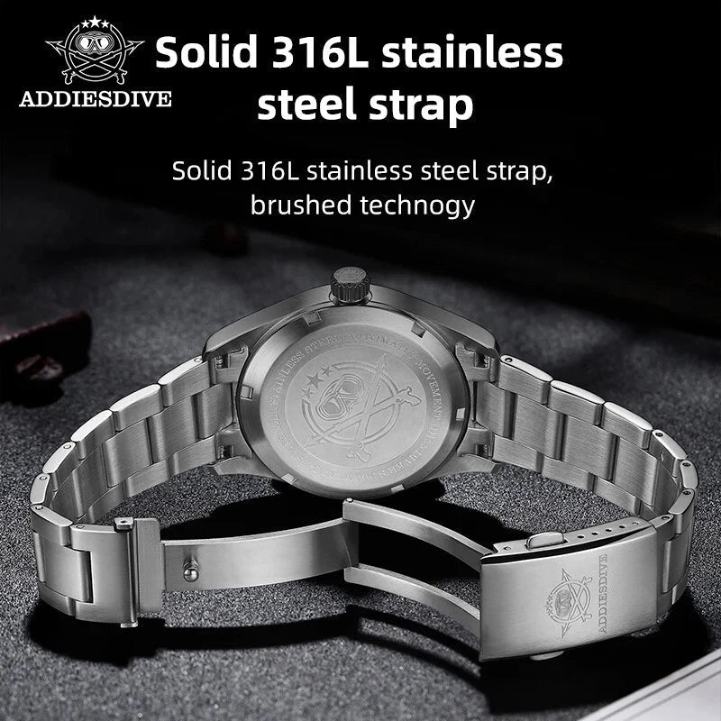 ADDIESDIVE AD2055 39MM NH35 automatic field watch caseback and steel bracelet showing engraved ADDIESDIVE folding clasp