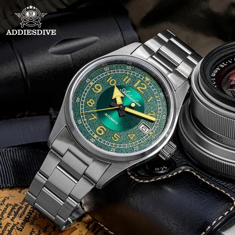 ADDIESDIVE AD2055 39MM NH35 automatic field watch with green sunburst dial and steel bracelet, lifestyle shot with camera