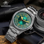 ADDIESDIVE AD2055 39MM NH35 automatic field watch with green sunburst dial and steel bracelet, lifestyle shot with camera