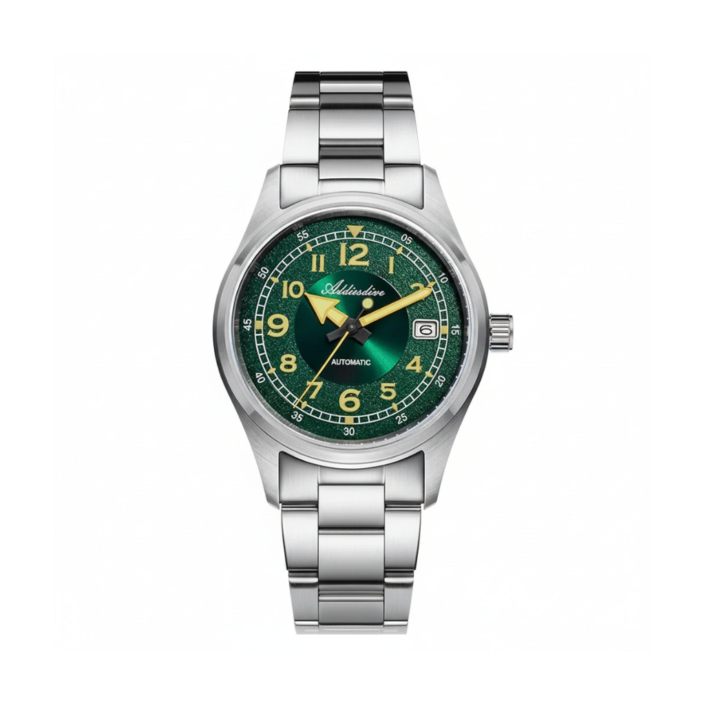 ADDIESDIVE AD2055 39MM NH35 automatic field watch with green sunburst dial, yellow Arabic numerals and steel bracelet, front