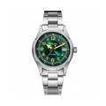 ADDIESDIVE AD2055 39MM NH35 automatic field watch with green sunburst dial, yellow Arabic numerals and steel bracelet, front