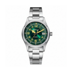 ADDIESDIVE AD2055 39MM NH35 automatic field watch with green sunburst dial, yellow Arabic numerals and steel bracelet, front