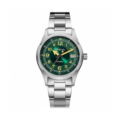 ADDIESDIVE AD2055 39MM NH35 automatic field watch with green sunburst dial, yellow Arabic numerals and steel bracelet, front