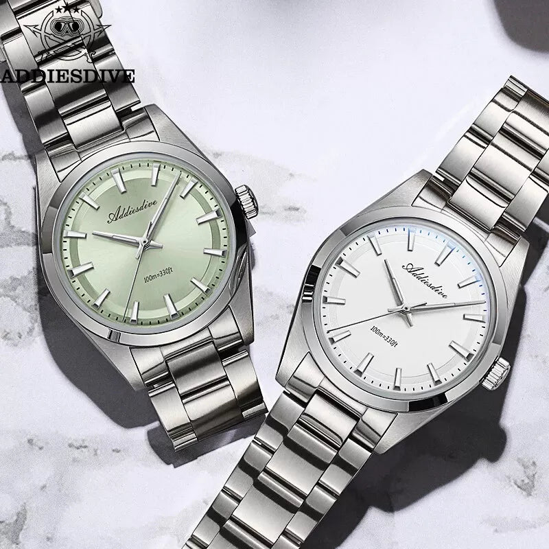 ADDIESDIVE AD2066 36MM bubble mirror glass showing sage green and white dial variants with steel bracelets, lifestyle on