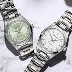 ADDIESDIVE AD2066 36MM bubble mirror glass showing sage green and white dial variants with steel bracelets, lifestyle on