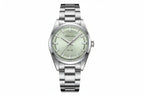 ADDIESDIVE AD2066 36MM bubble mirror glass with sage green sunburst dial, silver case and steel oyster bracelet, front view