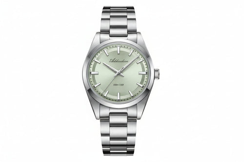 ADDIESDIVE AD2066 36MM bubble mirror glass with sage green sunburst dial, silver case and steel oyster bracelet, front view